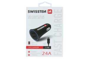 Swissten Auto punjač 2,4A 2X USB+kabl micro USB 1,5m crna