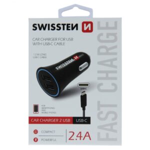 Swissten Auto punjač 2,4A 2X USB + kabl Type C 1,2m crna